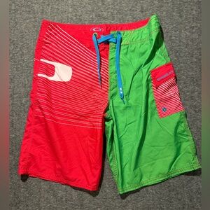 Oakley Swim Trunks Shorts Mens 34 neon green pink colorblock light long 11"